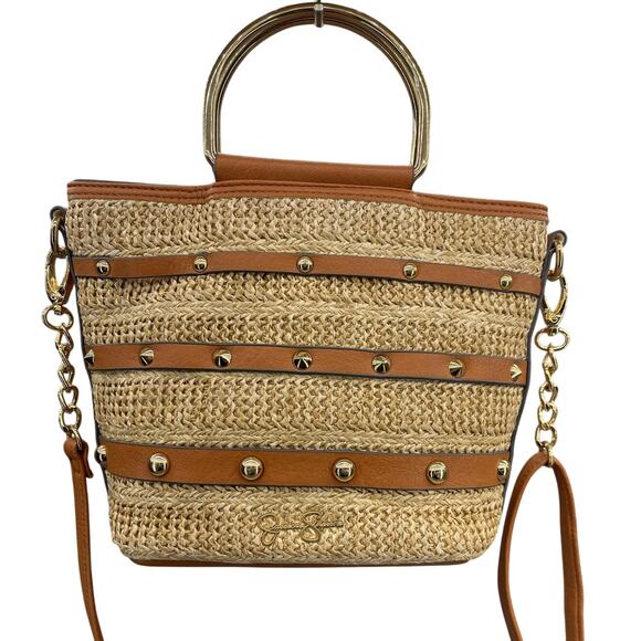 Jessica Simpson Tan Straw Brown Leather Summer Top Handle Crossbody Bag Purse - Picture 2 of 16